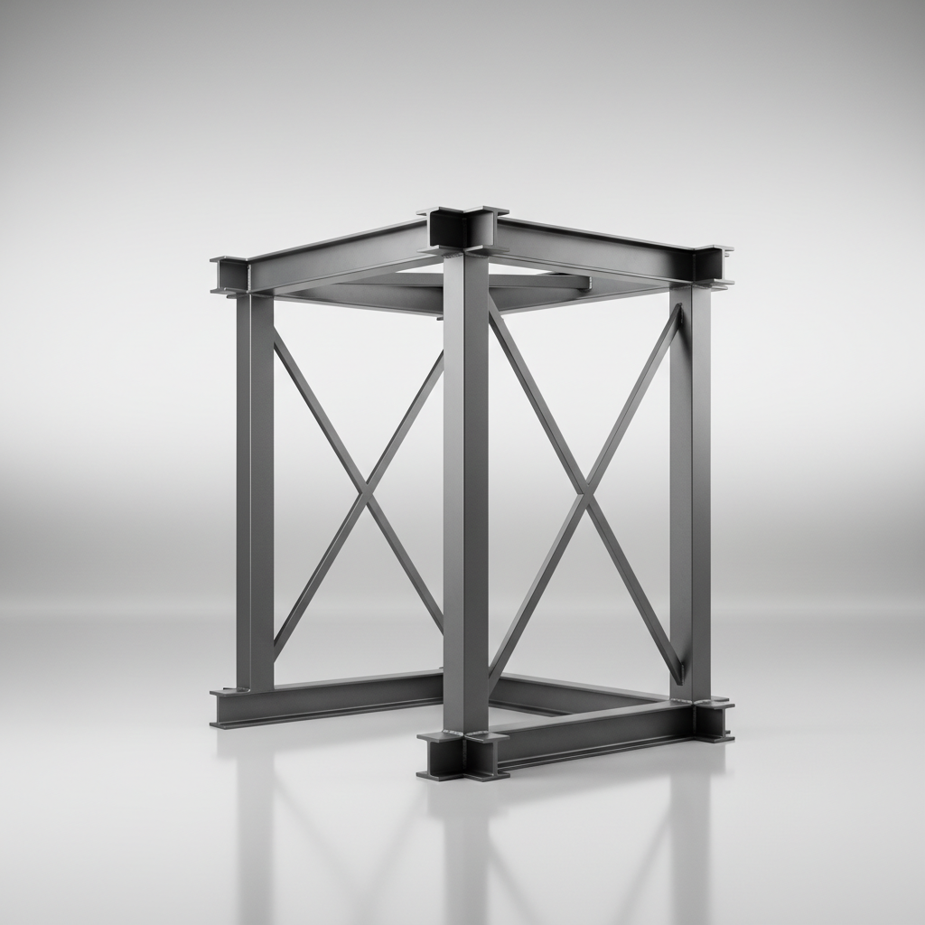 A technical showroom-style composition featuring an isolated steel frame mockup on a pristine light gray platform, demonstrating a typical Effesus reinforcement solution. The frame includes vertical columns, horizontal beams, and diagonal braces in a uniform dark metallic finish, with precise welds and crisp edges. The background is a seamless, soft gradient from light gray to white, keeping full attention on the structure. Neutral studio lighting from multiple directions eliminates harsh shadows, creating clear visibility of every surface and connection. Photographed at a three-quarter angle with sharp focus and generous negative space, the mood is highly professional and didactic. The photographic realism and minimalist, clean aesthetic make it ideal for explaining structural concepts on a corporate engineering website.