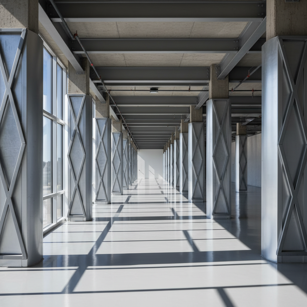 A panoramic view of a retrofitted commercial building interior, where existing concrete columns are reinforced with sleek metallic jackets and additional steel bracing systems. The reinforced columns, wrapped in polished light-gray metal casings, extend rhythmically down a wide open corridor with a smooth, reflective epoxy floor. Large windows on one side flood the space with daylight, creating elongated, soft shadows and gentle reflections of the metal surfaces on the floor. Photographed from a slightly elevated angle with strong linear perspective, the image leads the eye through the upgraded structure. The mood is orderly, secure, and forward-looking, with photographic realism and a clean, architectural aesthetic that communicates modernization and structural safety.