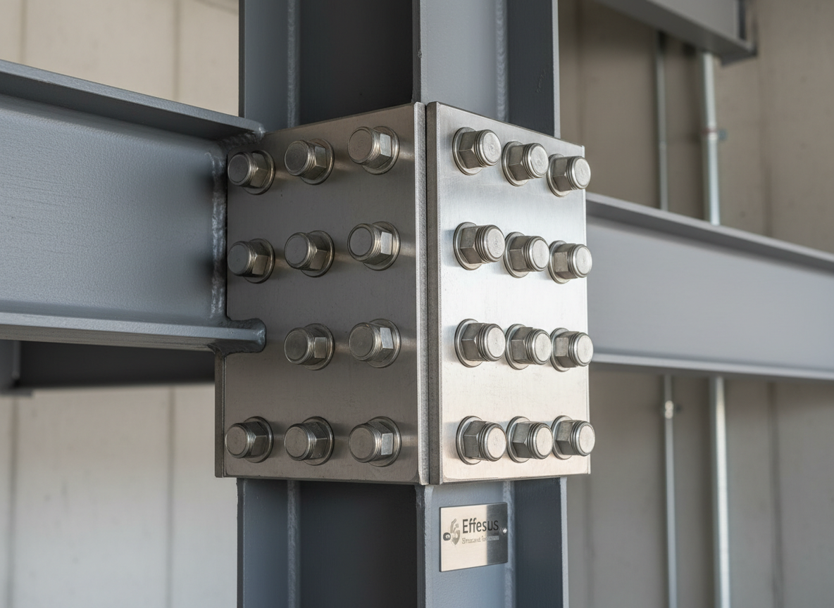 A close-up detail of a metallic reinforcement joint in a commercial building, showing thick steel plates connected with perfectly aligned high-strength bolts, all with a brushed, slightly reflective finish. The joint connects two large I-beams, painted in a muted industrial gray, against a background of smooth, light concrete and subtle blurred structural elements. Soft studio-style lighting from the side creates crisp highlights on the bolt heads and beveled edges, with controlled shadows that emphasize depth and solidity. Shot with a shallow depth of field and centered composition, the focus is entirely on precision and craftsmanship. The atmosphere is technical, meticulous, and reliable, with photographic realism that underscores the quality of Effesus structural solutions.