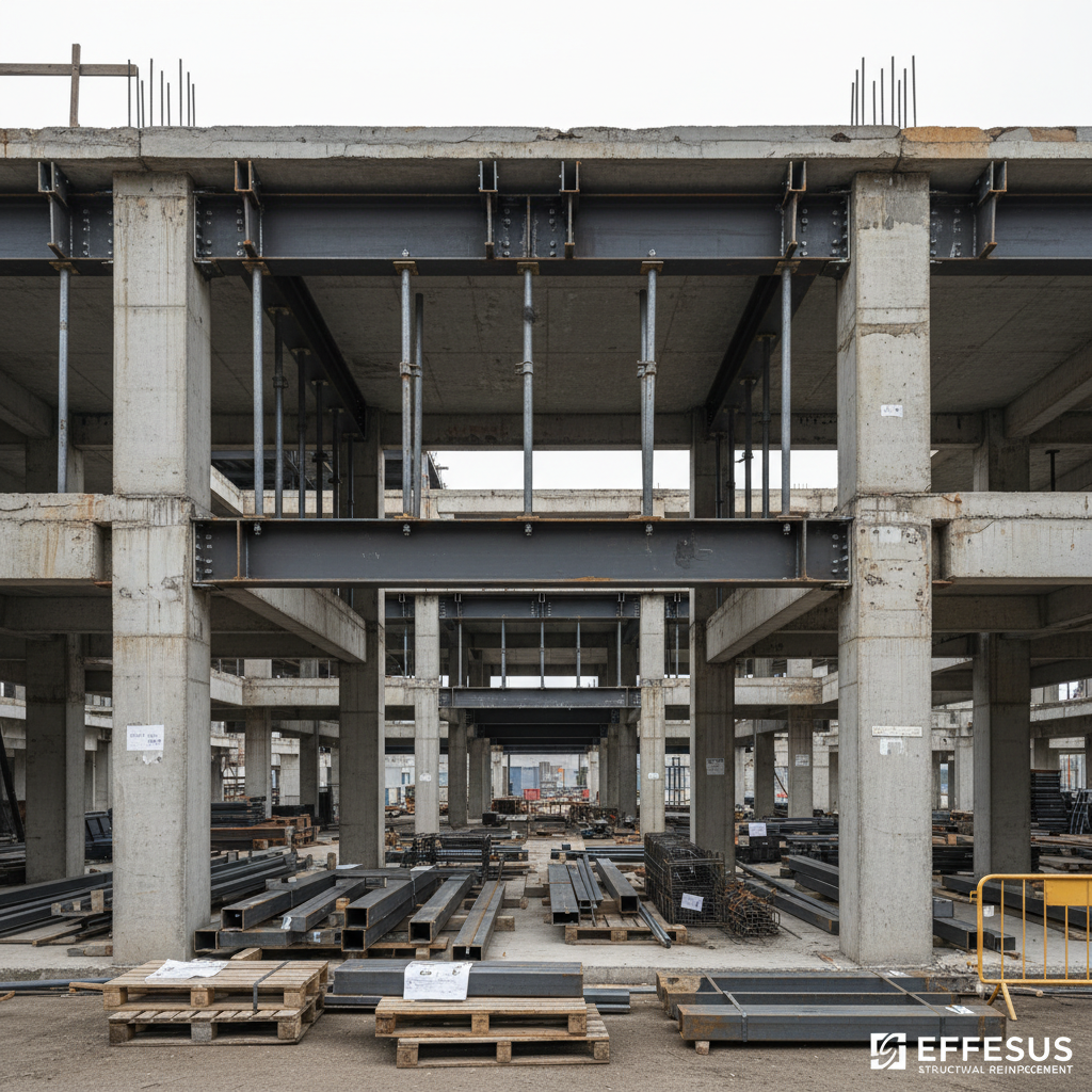 A construction site view of a partially exposed building skeleton undergoing structural reinforcement, highlighting newly installed metallic braces fixed onto older concrete frames. The steel members, with a matte dark finish and visible weld beads, contrast with the rough texture of the aged concrete. The ground is cleanly organized with labeled materials and neatly stacked metal profiles. Overcast daylight creates diffused, shadowless lighting, allowing all details of the reinforcement system to be clearly visible. Captured at eye level with a wide-angle lens, the composition balances foreground details of steel connections with the broader context of the building frame. The mood is professional, methodical, and technical, with photographic realism reflecting Effesus’s structured approach to building reinforcement.