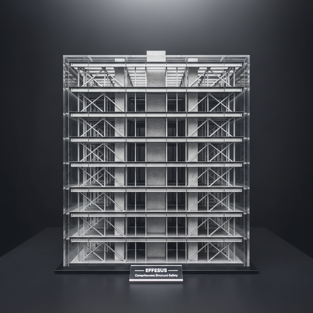 A cross-sectional view of a multi-story building model on a large, dark matte presentation table, showcasing internal metallic reinforcement systems on each level. Transparent outer walls reveal silver-gray steel frames, bracing, and reinforced cores in precise alignment. Soft overhead lighting highlights the model’s metallic components while gently fading the background into a dark blur, ensuring focus on the structure. Captured from a slightly elevated front angle with sharp focus on the central floors and subtle depth of field toward the edges, the composition feels analytical and educational. The mood is professional and innovative, with photographic realism and a polished, corporate aesthetic that communicates Effesus’s comprehensive approach to structural safety.