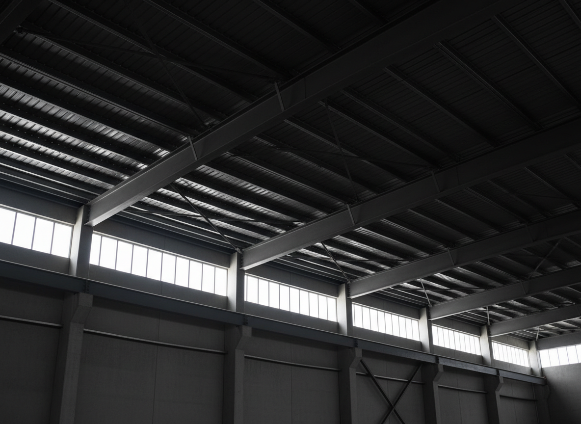 An interior shot of a reinforced industrial warehouse roof, displaying a complex yet orderly network of metallic trusses, cross-bracing, and robust steel beams painted in a deep matte charcoal. The ceiling spans across the frame, anchored to smooth concrete support columns. Natural daylight filters in from high clerestory windows, creating linear highlights across the metal surfaces and soft shadows between each structural element. Captured from a low-angle perspective looking upward, the image communicates strength and engineering expertise. Sharp focus throughout reveals bolts, plates, and joints in meticulous detail. The mood is confident and highly technical, with photographic realism and a clean, modern aesthetic suitable for a professional structural reinforcement brand.